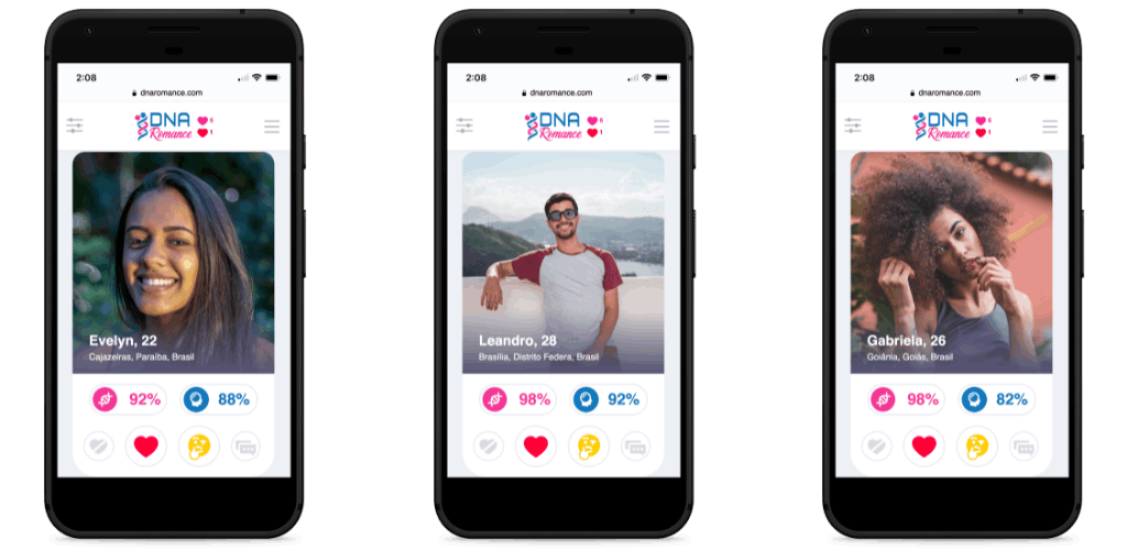 DNA Romance dating app on three phones