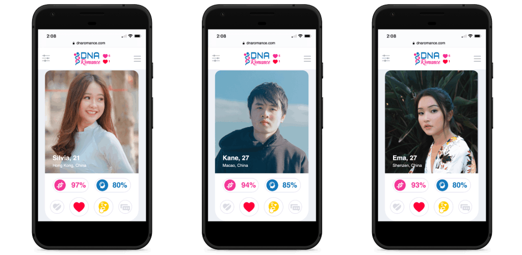 三部手机上的 DNA Romance 约会应用