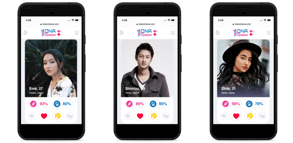 3台の電話でのDNA Romanceデートアプリ
