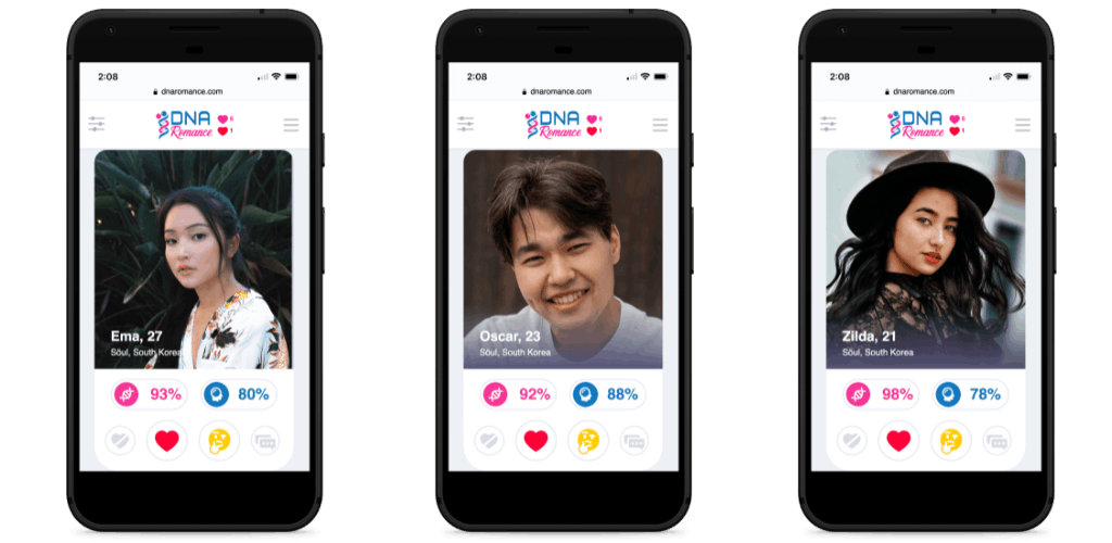 DNA Romance dating app on three phones