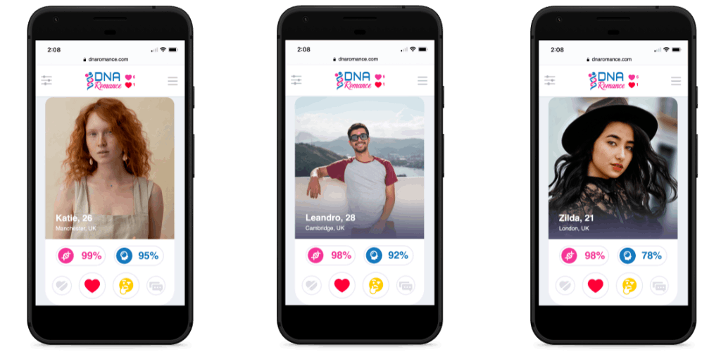 DNA Romance dating app on three phones